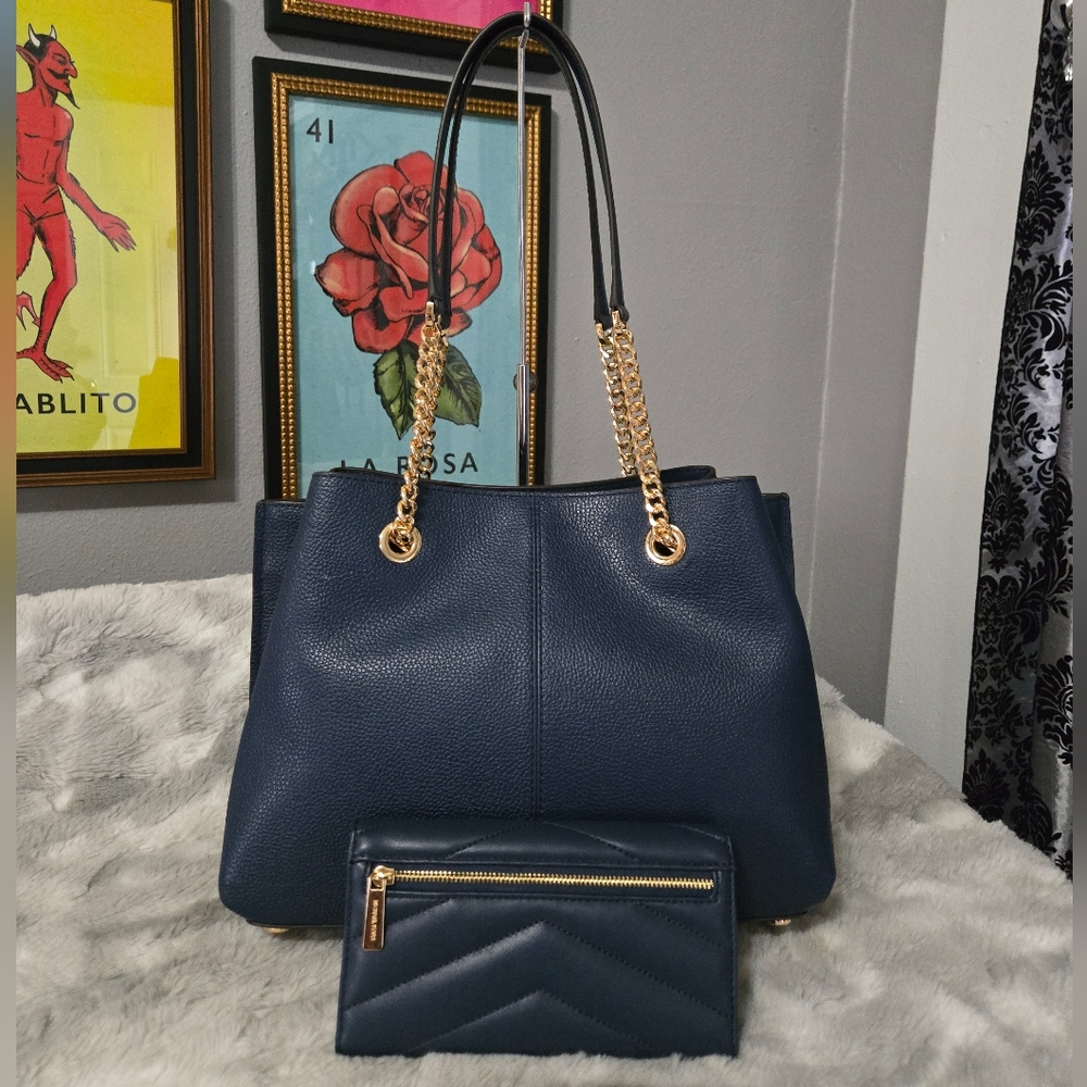 Navy Michael Kors Teagen Chain Shoulder Bag & Wallet Set - Picture 9 of 16